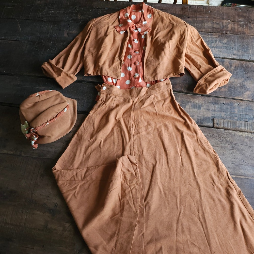 Vintage 1930s 4 Piece Set Skirt Bolero Polka Dot Blouse Hat Terracotta Orange